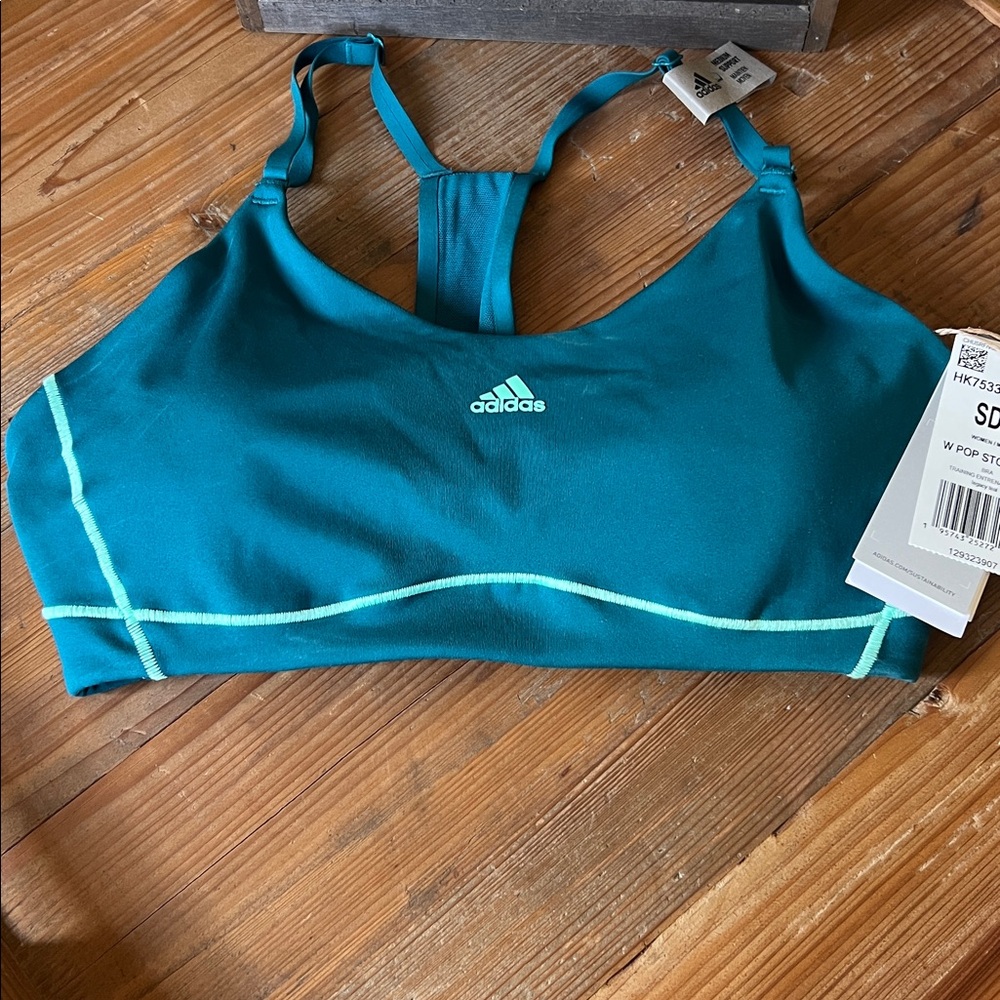 NWT Adidas Turquoise Padded Sports Bra with Mint Highlights. Size Small